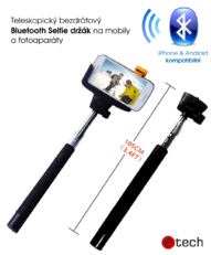 C-TECH teleskopický selfie držák MP107B pro mobil, monopod, Bluetooth dálková spoušť, černý