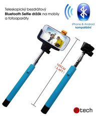 C-TECH teleskopický selfie držák MP107M pro mobil, monopod, Bluetooth dálková spoušť, modrý