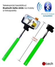 C-TECH teleskopický selfie držák MP107G pro mobil, monopod, Bluetooth dálková spoušť, zelený